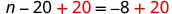 A mathematical equation shows 'n - 20 + 20 = -8 + 20'. The numbers '+20' are highlighted in red on both sides of the equation, indicating that 20 is being added to both sides to solve for 'n'.