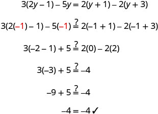 Verifying an algebraic solution. This image shows the step-by-step process of substituting y = -1 into the equation 3(2y-1)-5y = 2(y+1)-2(y+3), confirming that -1 is the correct value as both sides equal -4.