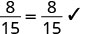 A mathematical equation showing the fraction 8 over 15 is equal to 8 over 15, followed by a checkmark indicating correctness.