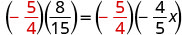 A mathematical equation is displayed, showing the product of two fractions, (-5/4) and (8/15), on the left side, equated to the product of (-5/4) and (-4/5x) on the right.