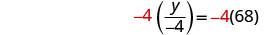A mathematical equation shows -4 multiplied by the fraction y over -4, which equals -4 multiplied by 68. The numbers -4 and 68 are in black, while the multiplication signs are implied by parentheses.