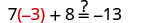 A mathematical equation: 7(-3) + 8 =? -13. The left side calculates to -21 + 8 = -13, confirming that -13 indeed equals -13, making the statement true.