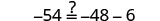 A math problem shows '-54 ?= -48 - 6' asking to fill in the correct comparison operator. The right side simplifies to -54, meaning the question mark should be an equals sign.