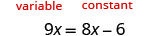 An example of an algebraic equation 9x = 8x - 6, with 'variable' and 'constant' terms labeled in red.