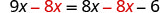 A mathematical equation shows '9x - 8x = 8x - 8x - 6'. The '8x' terms being subtracted on both sides are highlighted in red, indicating a step in solving the equation.