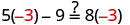 A mathematical equation shows '5(-3) - 9' on the left side, an equals sign with a question mark above it in the middle, and '8(-3)' on the right side. The number -3 is highlighted in red on both sides.