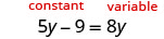 An algebraic equation, 5y - 9 = 8y, is displayed with the terms 'constant' and 'variable' highlighted above, demonstrating basic components of algebra.