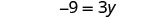 The image displays the algebraic equation -9 = 3y, which can be solved to find the value of y.