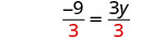A mathematical equation showing negative nine over three equals three y over three, written in black text with the denominators in red.