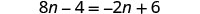 A mathematical equation is displayed: 8n - 4 = -2n + 6. It's an algebraic equation with one variable, 'n', on both sides of the equality.