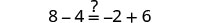 A mathematical equation 8 - 4 = -2 + 6 is displayed on a white background, with a question mark positioned above the equals sign.