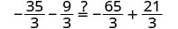 A mathematical equation is displayed: -35/3 - 9/3 = ? - 65/3 + 21/3. The '?' indicates a missing term, and the fractions all share a common denominator of 3, involving subtraction and addition operations.