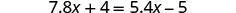 A mathematical equation is displayed, reading '7.8x + 4 = 5.4x - 5' against a white background.