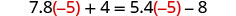 A mathematical equation is displayed: 7.8 multiplied by -5, plus 4, equals 5.4 multiplied by -5, minus 8. The numbers -5 are highlighted in red.