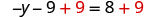 The equation -y - 9 + 9 = 8 + 9 is displayed, demonstrating how to add 9 to both sides to simplify the expression and move closer to solving for 'y'.