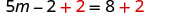 An algebraic equation '5m - 2 + 2 = 8 + 2' is shown, with the number '2' highlighted in red on both sides, indicating an addition operation performed to balance the equation and solve for 'm'.