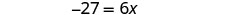 A mathematical equation is displayed with the expression -27 = 6x, featuring white text against a plain white background.