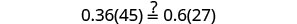 A mathematical equation is displayed, asking whether 0.36 multiplied by 45 is equal to 0.6 multiplied by 27, denoted by a question mark over the equals sign.