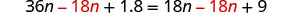 A mathematical equation displayed on a white background: 36n - 18n + 1.8 = 18n - 18n + 9, with the '18n' terms highlighted in red.