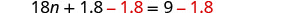 A mathematical equation is displayed against a white background: '18n + 1.8 - 1.8 = 9 - 1.8'. The numbers '- 1.8' are highlighted in red on both sides of the equation.