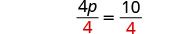 A mathematical equation is shown where both sides are divided by 4: '4p' divided by '4' equals '10' divided by '4'. The '4' in the denominator on both sides is highlighted in red.