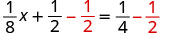 A mathematical equation displays '1/8x + 1/2 - 1/2 = 1/4 - 1/2'. The second '1/2' on the left side of the equation is shown in red and has a dashed line through it, as does the '1/2' on the right side.