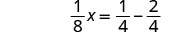 A mathematical equation is displayed, showing '1/8 x = 1/4 - 2/4' on a white background.