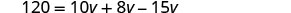 An image displays the algebraic equation 120 = 10v + 8v - 15v, where a numerical value is equated to a sum and difference of terms involving the variable 'v'.