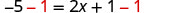 A mathematical equation is displayed on a white background: -5 - 1 = 2x + 1 - 1. The '-1' terms are highlighted in red on both sides, indicating a step in solving the equation.