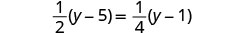 A mathematical equation is displayed on a white background. It shows '1/2(y - 5) = 1/4(y - 1)', representing a linear equation to be solved for the variable 'y'.