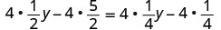 A linear equation involving fractions and the variable 'y' is presented as 4(1/2)y - 4(5/2) = 4(1/4)y - 4(1/4).