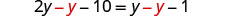 A mathematical equation is displayed with some terms in red: '2y - y - 10 = y - y - 1'.