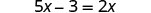 A mathematical equation on a white background, '5x - 3 = 2x'. It's a linear equation in algebra, where the goal is to solve for the variable x.