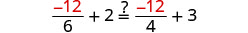 A mathematical equation is displayed, reading -12/6 + 2 =? -12/4 + 3, with a question mark placed above the equality sign, indicating a query about whether the two sides are equal.