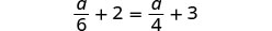 A mathematical equation is displayed, showing 'd/6 + 2 = d/4 + 3' in a horizontal layout against a white background.