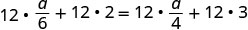 The mathematical equation 12 * (d/6) + 12 * 2 = 12 * (d/4) + 12 * 3 is displayed, demonstrating an algebraic problem with fractions and a variable 'd'.