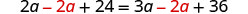A mathematical equation is displayed: 2a - 2a + 24 = 3a - 2a + 36. The terms '-2a' on both sides of the equation are highlighted in red.
