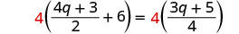 Four times the quantity of four-halves q plus three-halves, plus six, equals four times the quantity of three-fourths of q plus five-fourths.
