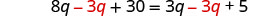 An algebraic equation showing '8q - 3q + 30 = 3q - 3q + 5' with some terms in red, indicating a step in solving the equation where like terms might be identified or combined.