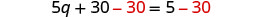 A mathematical equation is displayed: 5q + 30 - 30 = 5 - 30, with the second '30' on the left and the '30' on the right highlighted in red.