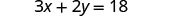 A mathematical equation on a white background, displaying '3x + 2y = 18' in black text.