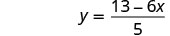 A mathematical equation is displayed, showing y equals the fraction with numerator 13 minus 6x and denominator 5.