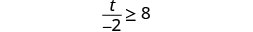 A mathematical inequality is shown, where the variable 't' divided by -2 is greater than or equal to 8. It reads: t/-2 '>= 8'.