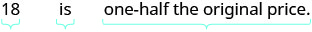 The image shows the equation '18 is one-half the original price.', with brackets indicating the different parts of the phrase to denote algebraic terms.