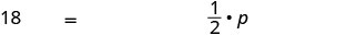 A mathematical equation displaying 18 = 1/2 * p, which can be solved for the variable p.