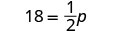 A mathematical equation is displayed, showing '18 = 1/2 p' against a plain white background.