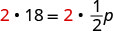 A mathematical equation showing the step of multiplying both sides by 2: '2 times 18 equals 2 times one-half p'. The number 2 is highlighted in red on both sides.