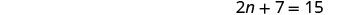 The image displays the algebraic equation '2n + 7 = 15' centered on a white background, representing a linear equation in one variable.