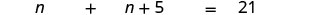A mathematical equation is displayed on a white background, which reads 'n + n + 5 = 21'.