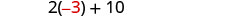 A mathematical expression '2(-3) + 10' is shown in black text on a white background, representing a calculation involving multiplication and addition with a negative number.